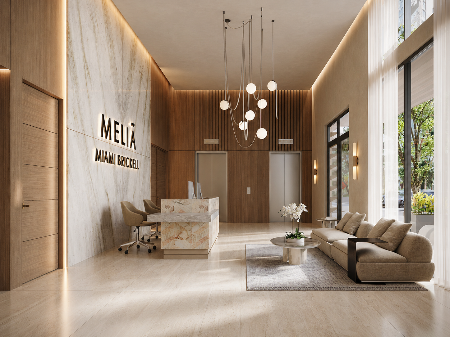 Meliá Brickell lobby with a stone reception desk, timber wall panels, pendant lighting and floor-to-ceiling glazing.