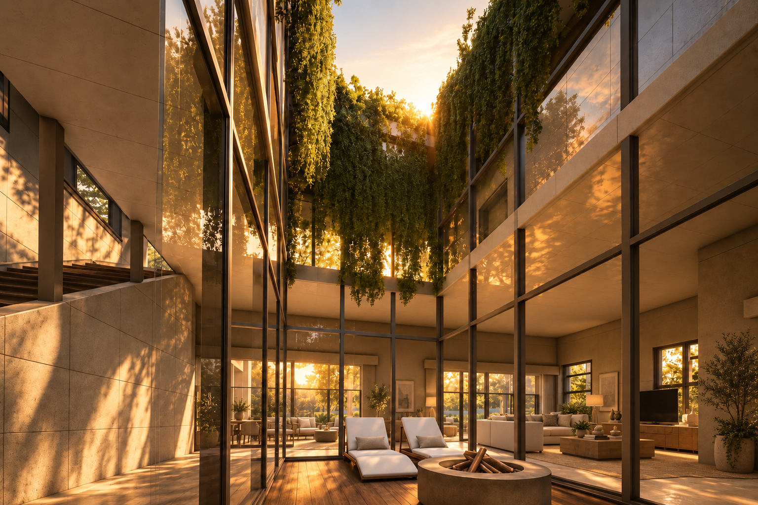 Central courtyard at Casa Lucerna showing hanging vegetation, glass walls, lounge seating, fire feature and surrounding residential spaces illuminated by warm sunlight.
