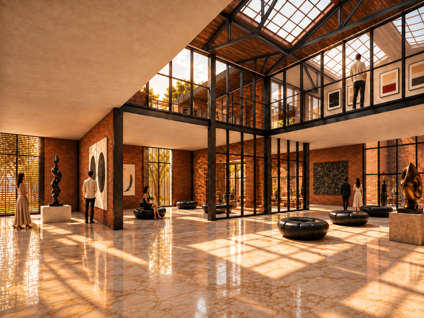 Interior gallery at Saint Elena Art Gallery showing preserved brick walls, contemporary glass circulation, sculptures and overhead daylight.