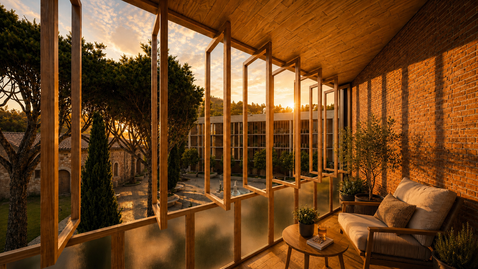 Casa Tridente apartment balcony with adjustable timber panels overlooking the shared courtyard